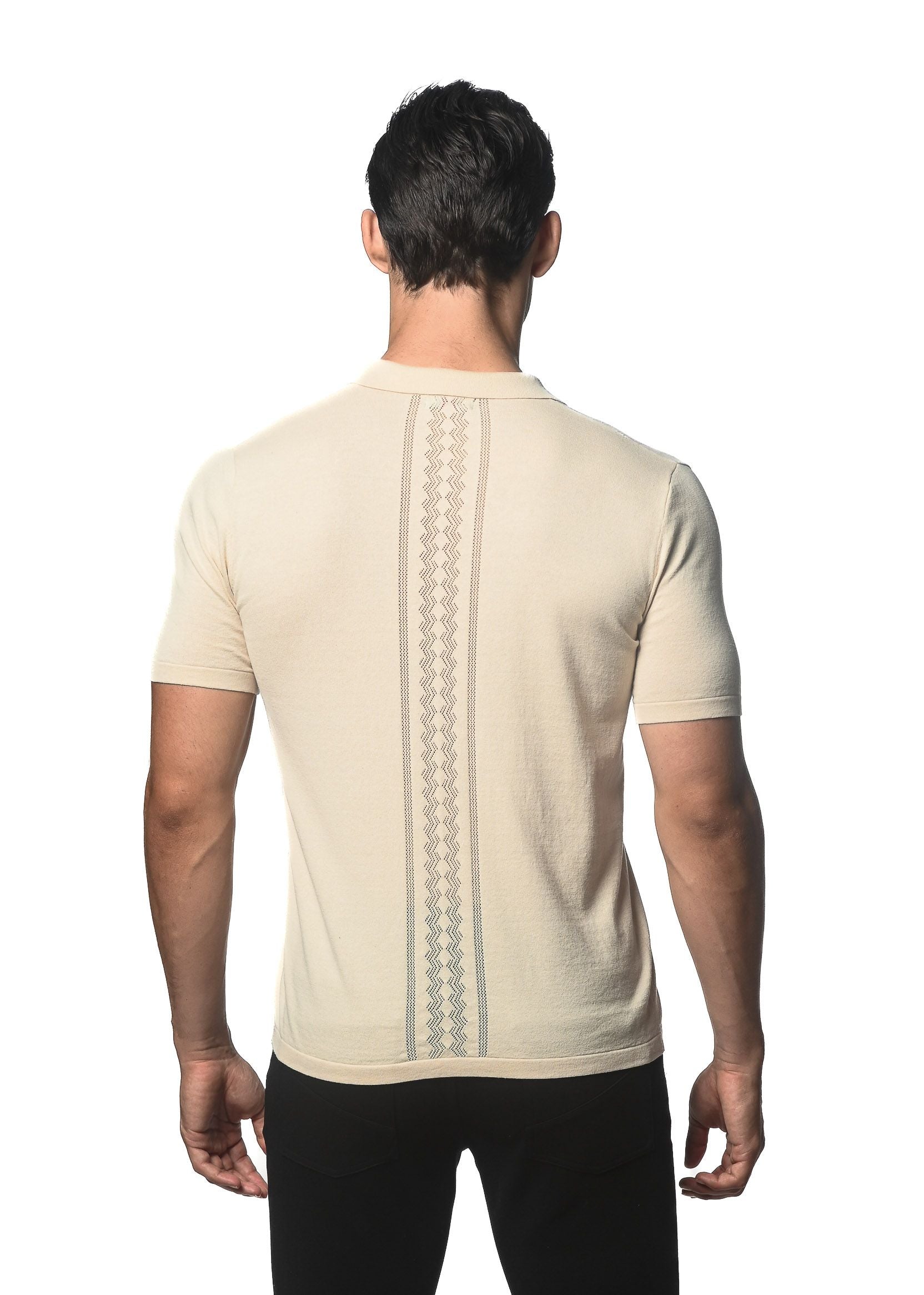 Beige short-sleeved cotton knit polo shirt with textured button front and vertical geometric pattern on back side