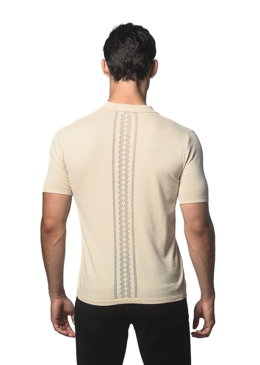 Beige short-sleeved cotton knit polo shirt with textured button front and vertical geometric pattern on back side