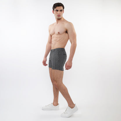 Black and white geometric patterned men’s boxer briefs in textured jacquard stretch knit material