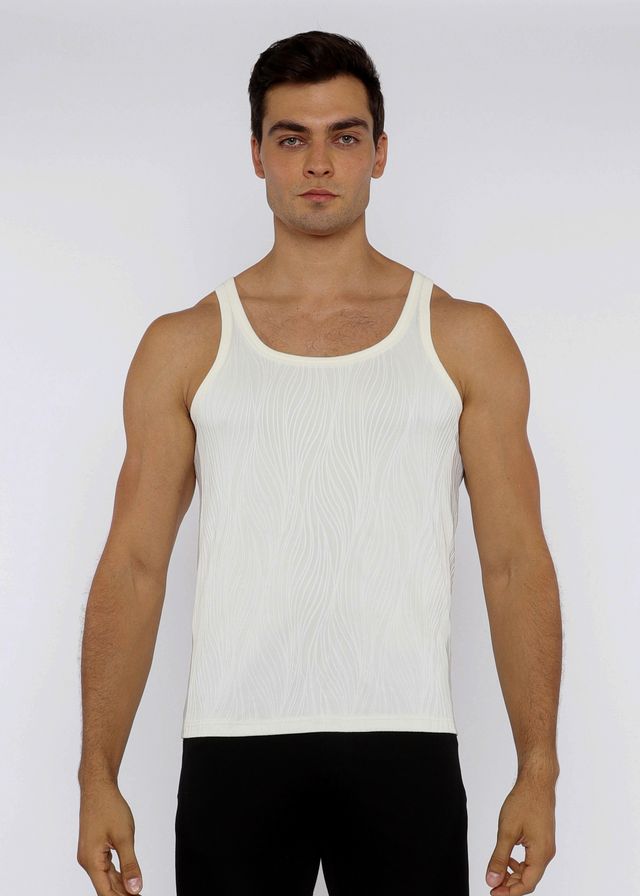 White ribbed cotton textured knit tank top with classic scoop neckline and thin shoulder straps
