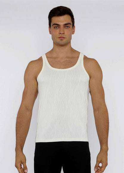 White ribbed cotton textured knit tank top with classic scoop neckline and thin shoulder straps
