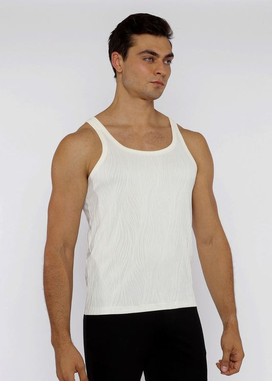 White textured knit tank top with ribbed fabric scoop neckline and wide shoulder straps