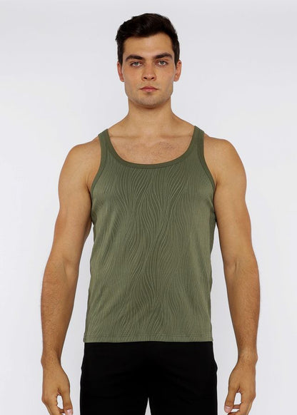Olive green textured knit tank top with subtle wavy pattern perfect for casual summer wear