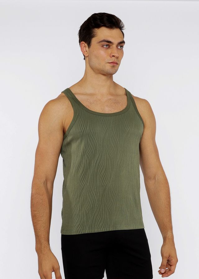 Olive green ribbed knit tank top with subtle wavy texture featuring a textured knit tank design