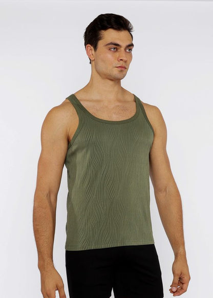 Olive green ribbed knit tank top with subtle wavy texture featuring a textured knit tank design