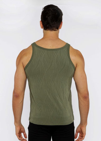 Olive green ribbed knit tank top with subtle wavy texture called textured knit tank perfect for casual wear