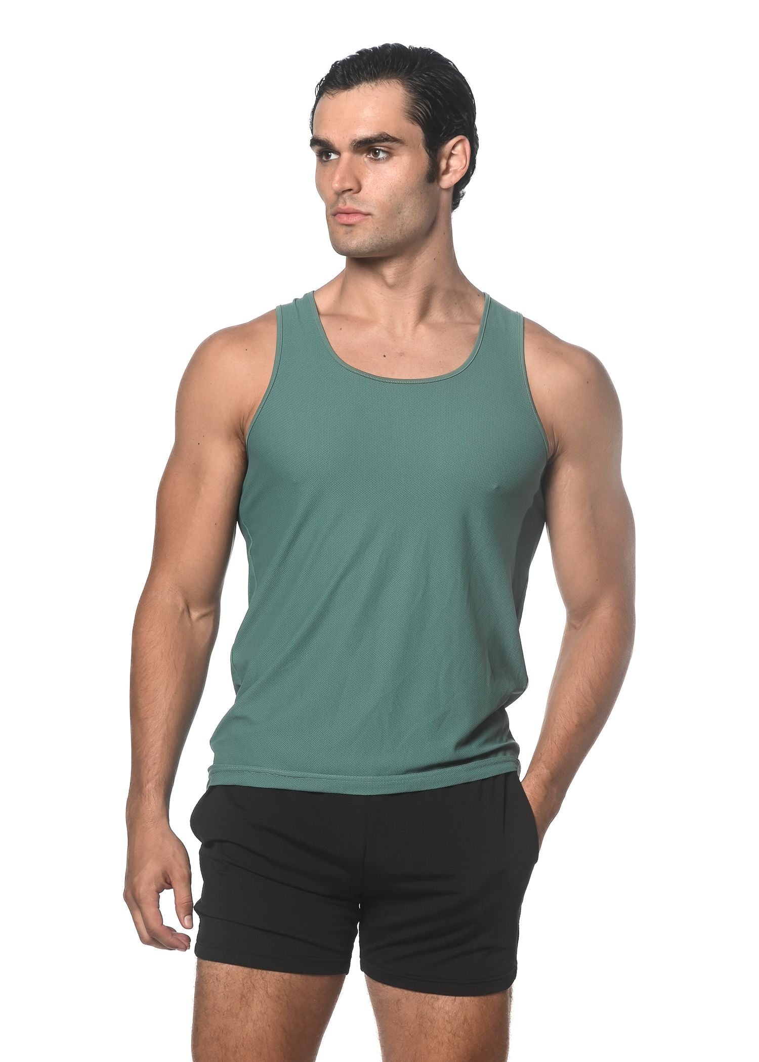 A sleek solid teal textured mesh performance tank top with a rounded neckline and clean seams