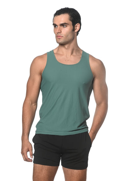 A sleek solid teal textured mesh performance tank top with a rounded neckline and clean seams