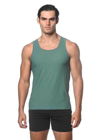 A sleek teal textured mesh performance tank top with a subtle weave and rounded neckline for athletic use