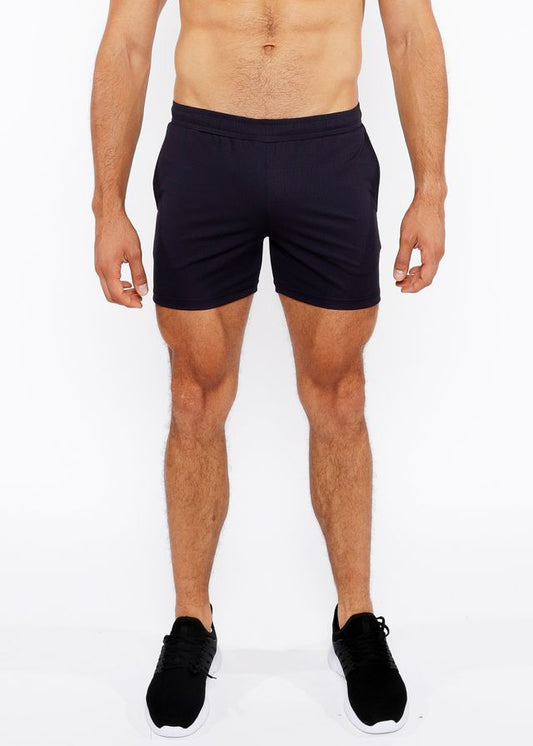 Black textured mesh stretch performance shorts with comfortable elastic waistband and minimalist design