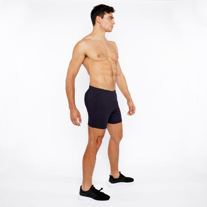 Black textured mesh stretch performance shorts with a sleek form-fitting design for athletic use