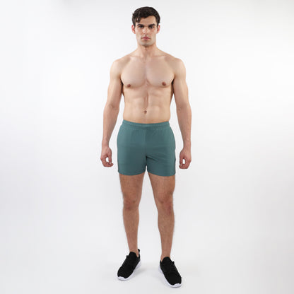 Teal textured mesh stretch performance shorts with elastic waistband designed for athletic use