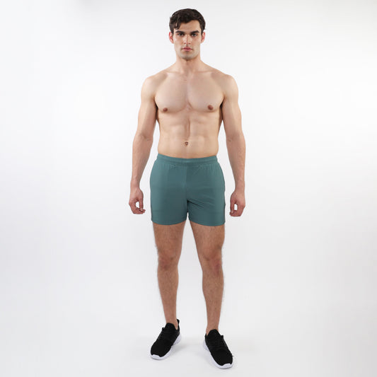 Teal textured mesh stretch performance shorts with elastic waistband designed for athletic use