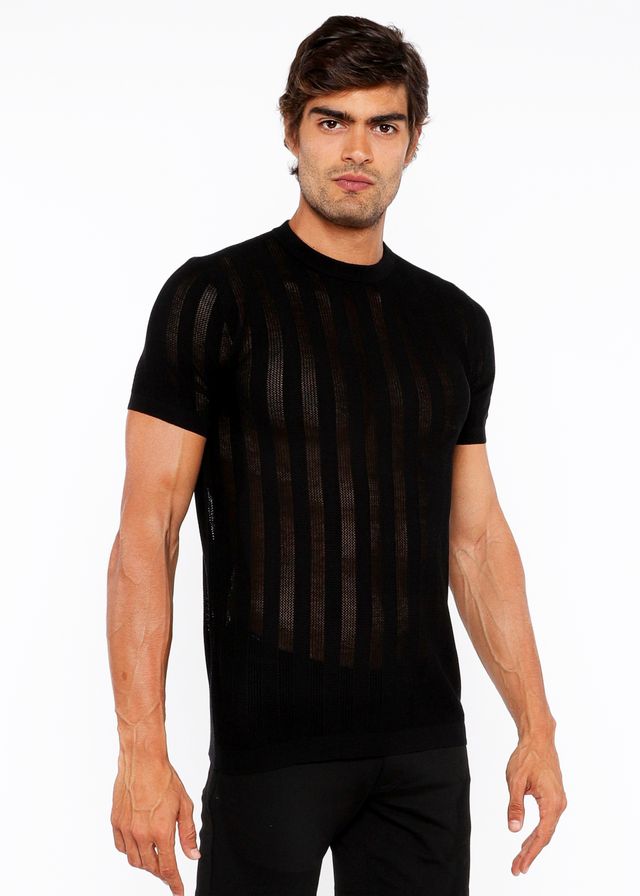 Black textured open knit crew tee with short sleeves and vertical ribbed knit texture across the chest
