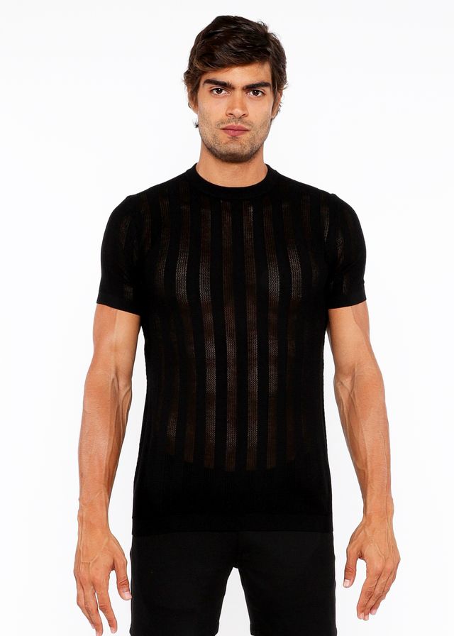 Black short-sleeved crew tee with vertical ribbed texture and open knit fabric for a lightweight feel