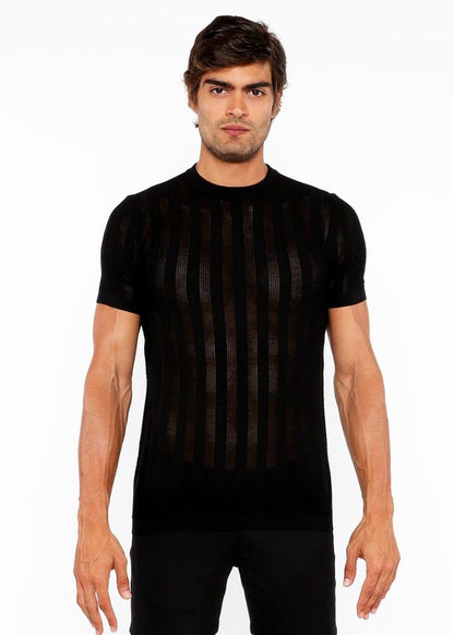 Black short-sleeved crew tee with vertical ribbed texture and open knit fabric for a lightweight feel