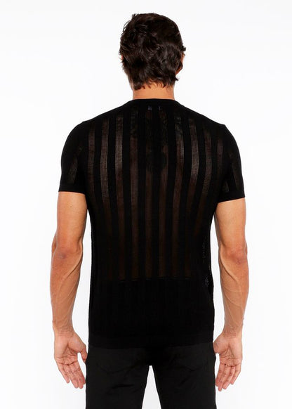 Black short-sleeved textured open knit crew tee with vertical ribbed texture ideal for casual wear