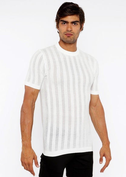 White textured open knit crew tee with subtle vertical gray stripes and short sleeves in soft breathable fabric