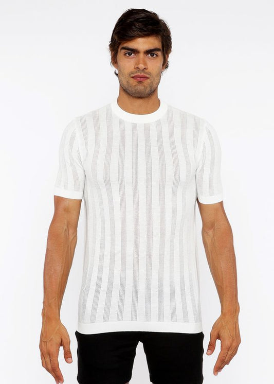 White textured open knit crew tee with subtle vertical ribbed stripes and short sleeves in lightweight cotton blend