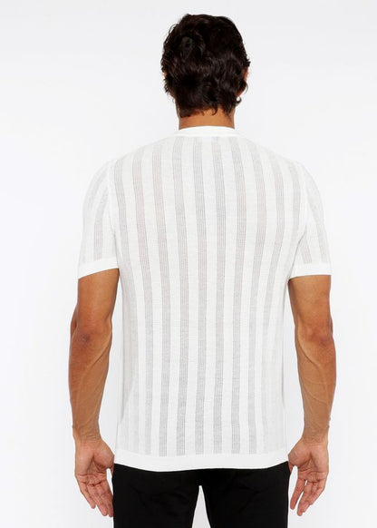 Textured open knit crew tee white short-sleeved knit shirt with subtle gray vertical stripes front view