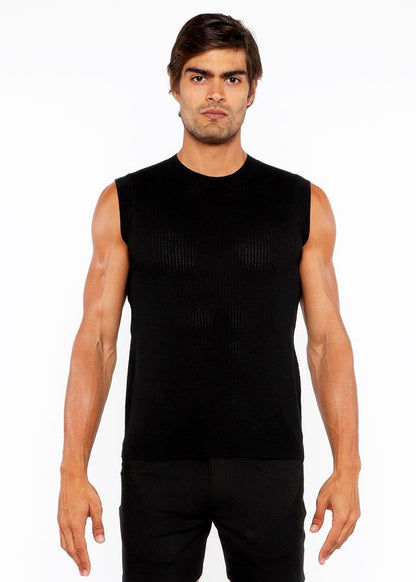 Black sleeveless textured open knit vest with ribbed knit texture and crew neckline for layering and style