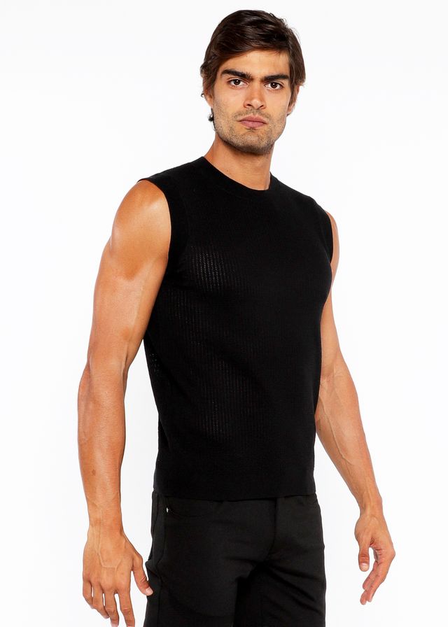 Black ribbed knit sleeveless top textured open knit vest featuring breathable fabric for stylish layering