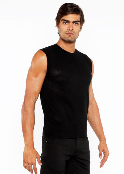 Black ribbed knit sleeveless top textured open knit vest featuring breathable fabric for stylish layering