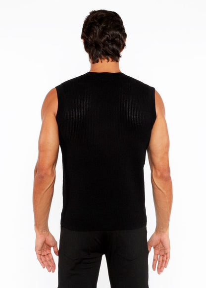 Black ribbed knit sleeveless top textured open knit vest made of breathable fabric for stylish layering