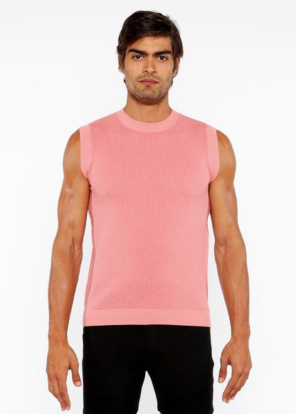 Textured open knit vest in pink ribbed knit sleeveless design with round neckline and neatly finished hem