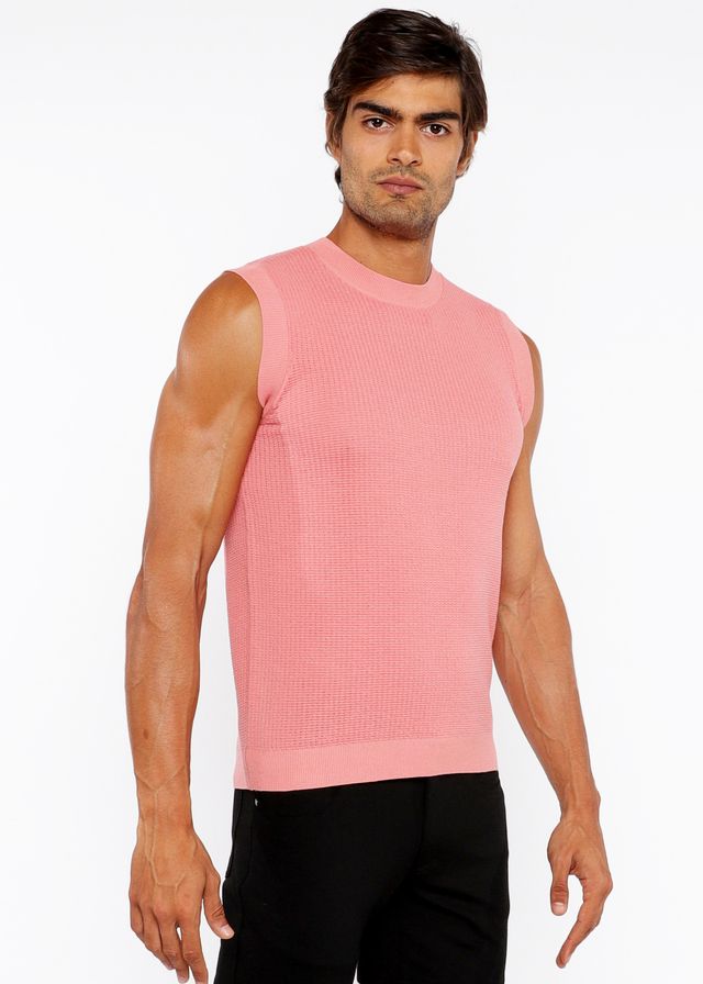 A pink ribbed-knit sleeveless vest with a crew neckline in a textured open knit design