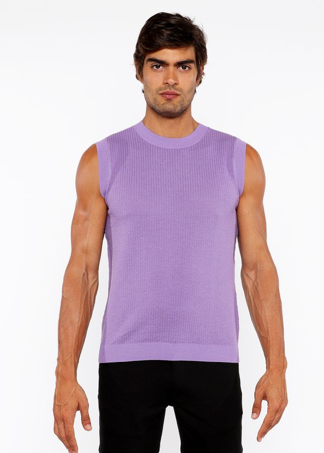 A lavender ribbed knit sleeveless textured open knit vest with a round neckline