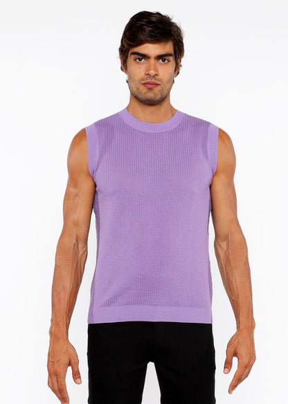 A lavender ribbed knit sleeveless textured open knit vest with a round neckline