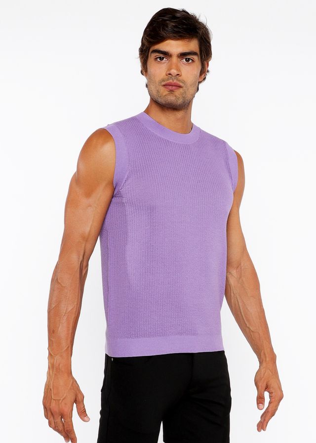 A lavender textured open knit vest with ribbed-knit sleeveless design and crew neckline made from soft knit fabric