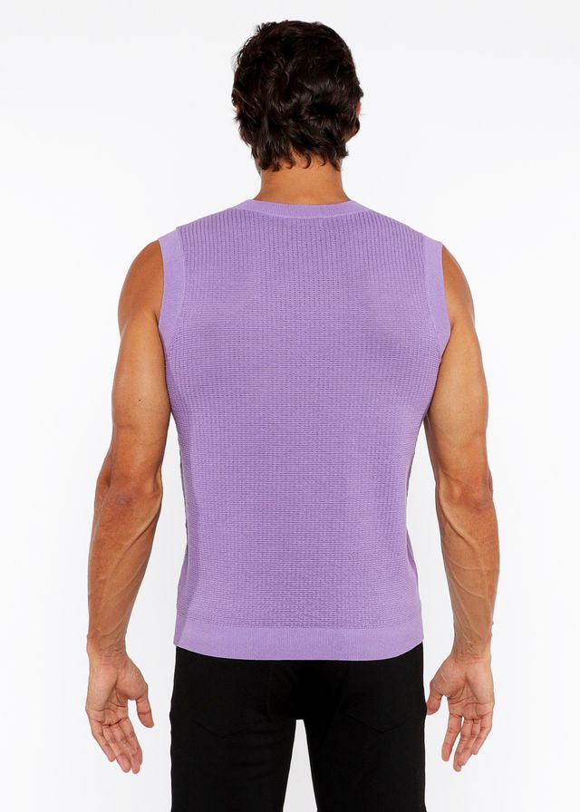 A lavender ribbed knit sleeveless top with a crew neckline featured in a textured open knit vest design