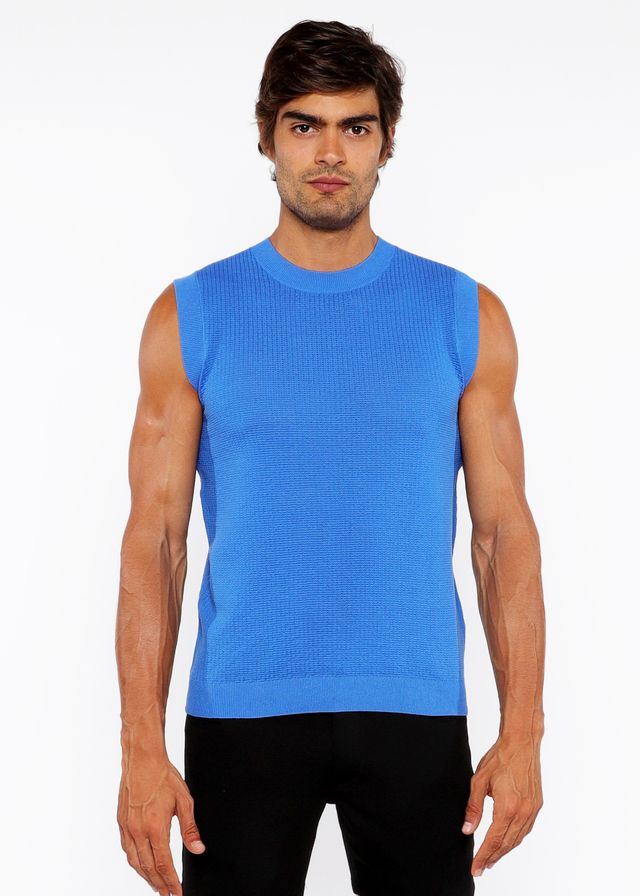Bright blue ribbed knit sleeveless top in textured open knit vest style for layering and casual wear