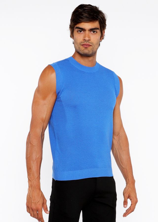 Bright blue ribbed knit sleeveless top textured open knit vest with breathable lightweight fabric for layering