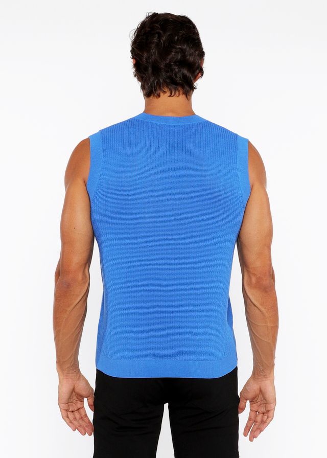 A vibrant blue textured open knit vest sleeveless top with ribbed knit fabric and crew neckline