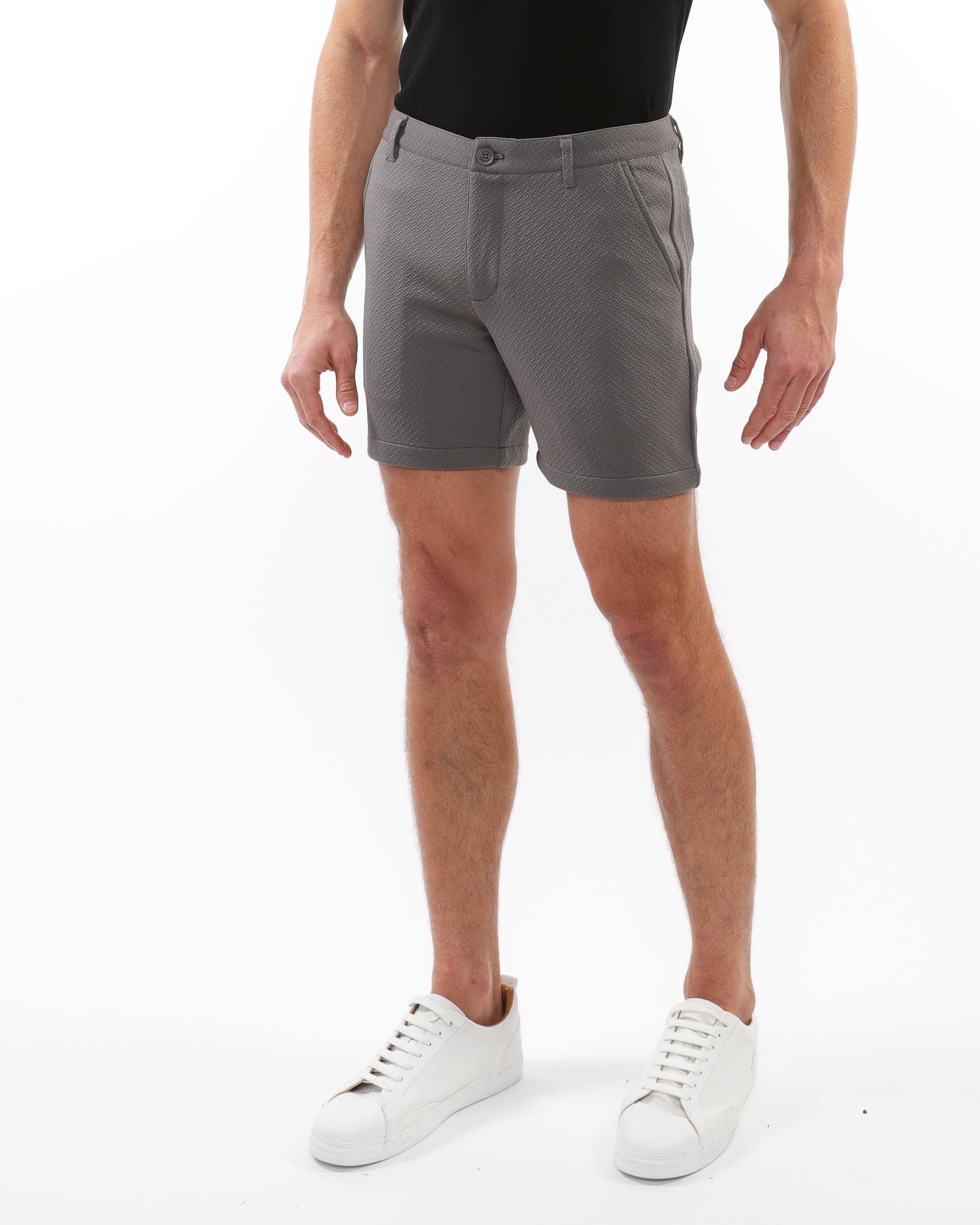 Gray textured stretch knit chino shorts with subtle pattern classic fit and side pockets for casual wear