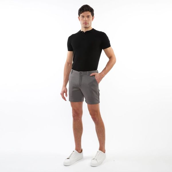 Gray textured stretch knit chino shorts with classic fit and button closure ideal for casual wear