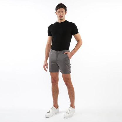 Gray textured stretch knit chino shorts with classic fit and button closure ideal for casual wear
