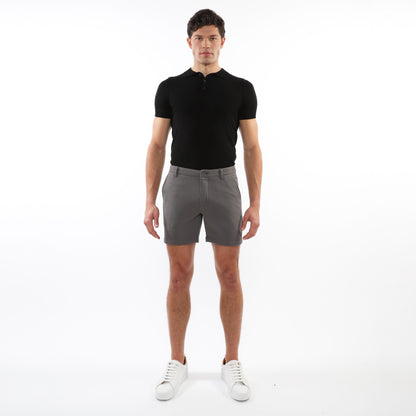Gray textured stretch knit chino shorts with a subtle weave and classic tapered fit for casual wear