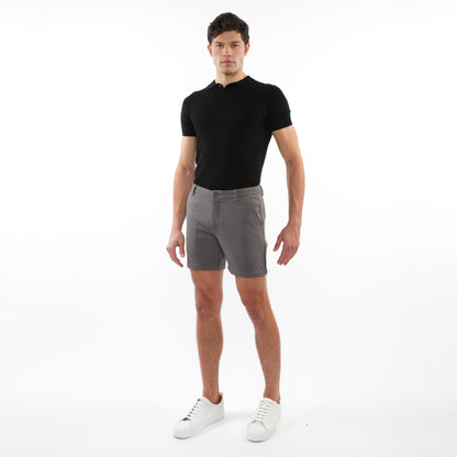 Gray textured stretch knit chino shorts with classic fit and subtle stitching details
