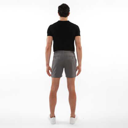 Gray textured stretch knit chino shorts with a sleek tailored fit and subtle side pockets for casual wear