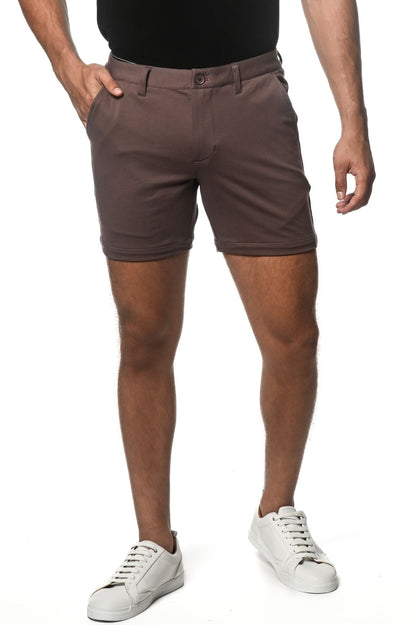 Brown textured stretch knit chino shorts with classic fit and button closure perfect for casual wear