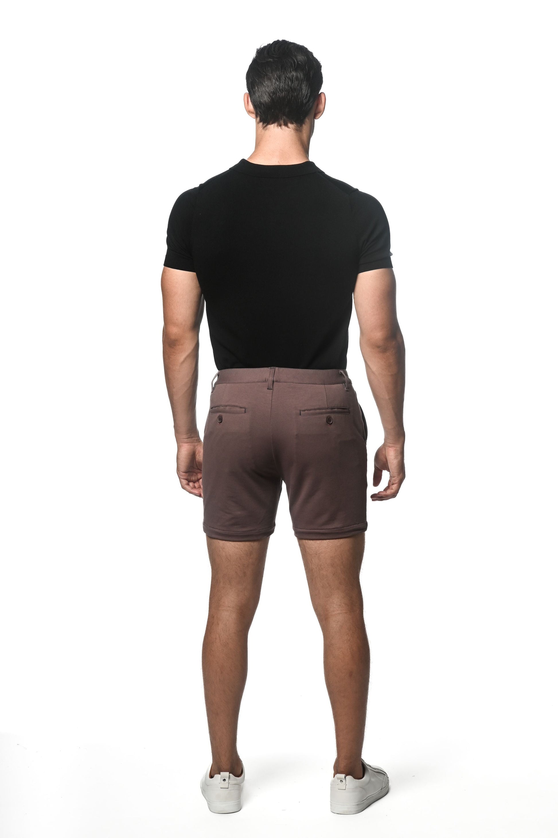 Brown textured stretch knit chino shorts back view with two back pockets and dark brown buttons