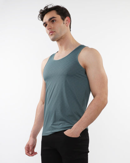 A sleek teal textured stretch mesh performance tank top with smooth form-fitting sleeveless fabric