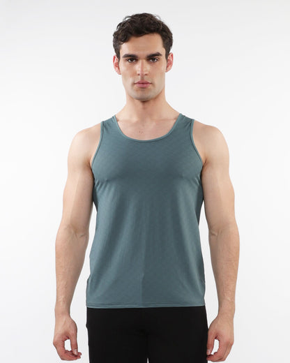 A sleek teal textured stretch mesh performance tank top with moisture-wicking fabric and a round neckline