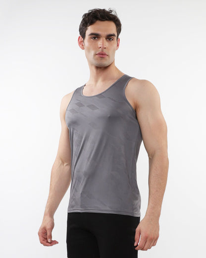 Gray textured stretch mesh performance tank top with subtle geometric pattern designed for athletic use