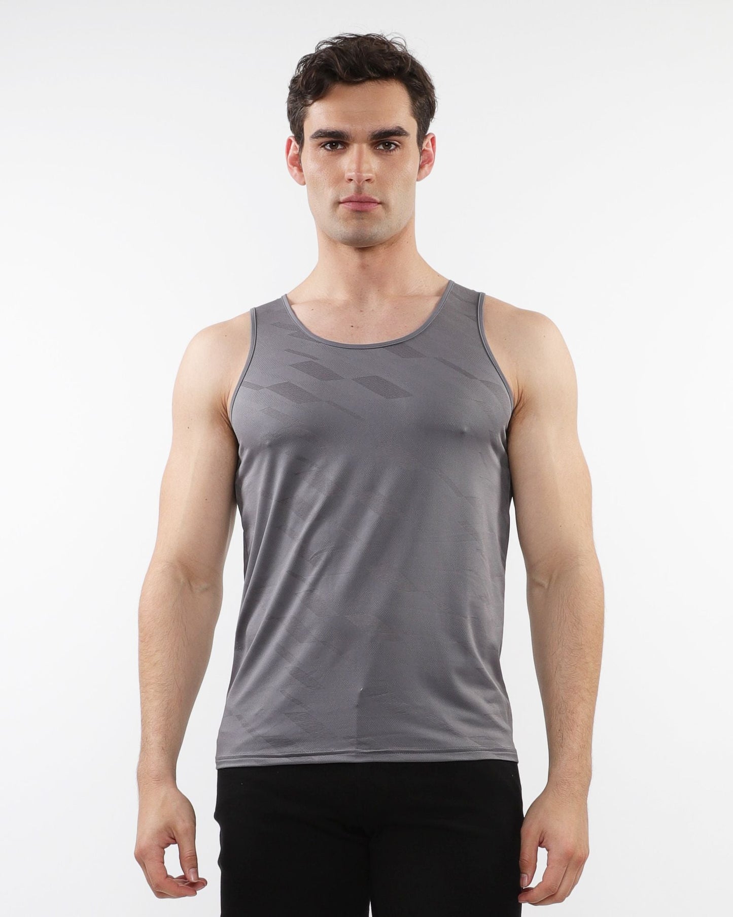 Gray textured stretch mesh performance tank top with subtle geometric pattern for athletic use