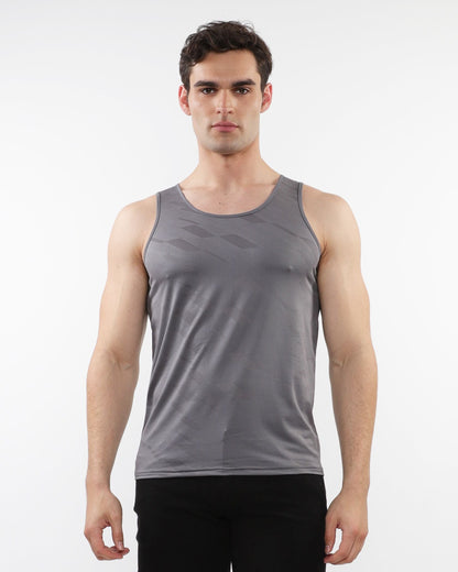Gray textured stretch mesh performance tank top with subtle geometric pattern for athletic use